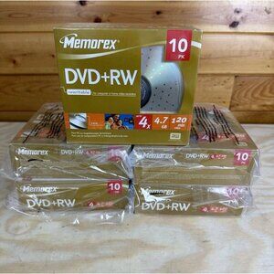 Lot of 5 Memorex DVD+RW 4x 4.7GB Slim Discs 10 Pack Blank Storage Media 50 Disk